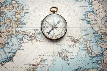 Magnetic old compass on old nord pole map. Travel, geography, history, navigation, tourism and exploration concept background. Retro compass on geography map. - obrazy, fototapety, plakaty