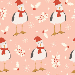cute cartoon christmas seamless vector pattern background illustration with seagulls with santa claus hat, stars, mistletoe, berries and snowflakes