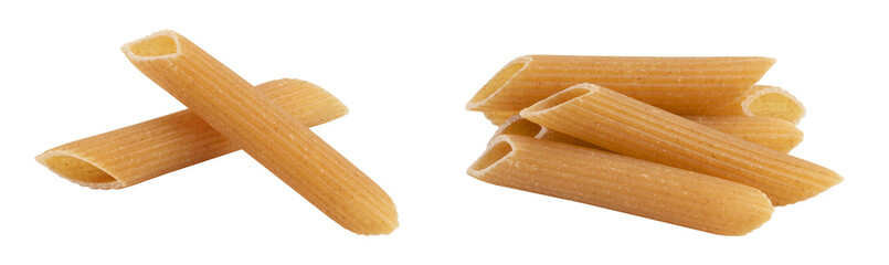 Wolegrain penne pasta from durum wheat isolated on white background with  full depth of field.