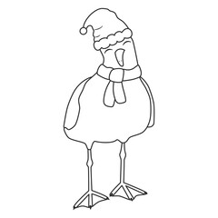 cute hand drawn black and white cartoon funny character seagull with santa claus hat vector illustration for christmas holiday coloring art