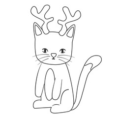 Cute hand drawn black and white cartoon character cat with reindeer antlers funny vector illustration for christmas holidays coloring art