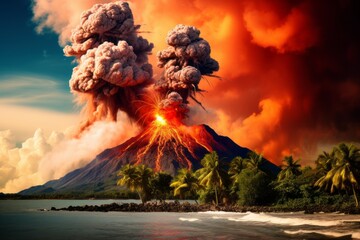 The volcanic eruption, featuring lava jets and the formation of circular ash clouds, takes place in...