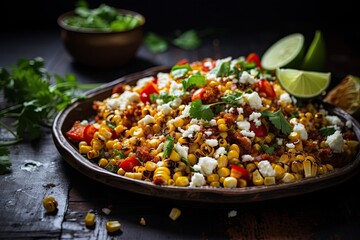 Street Corn Salad, a vibrant and zesty Mexican delight, beautifully presented on the table. The...