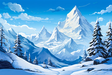 Cartoon Winter Mountain.  Generated Image.  A digital illustration of a cartoon style mountain in the winter.  Lots of snow and trees.