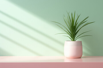 Pastel coloured background for product presentation with shadow and light from windows, ceramic pot with a green houseplant
