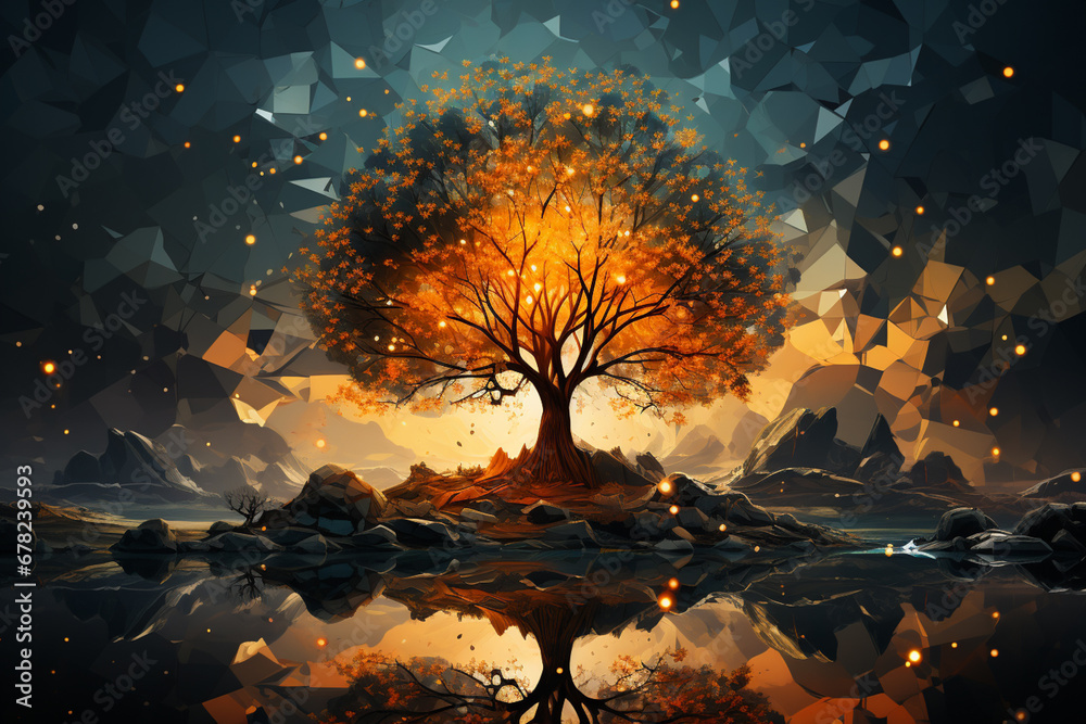 Poster an abstract silhouette of a tree with its roots extending deep into the ground, symbolizing strength