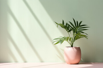 Pastel coloured background for product presentation with shadow and light from windows, ceramic pot with a green houseplant