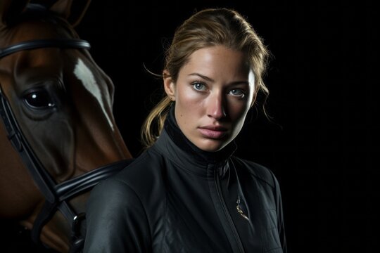 tired girl in her 30s horse riding in a riding school