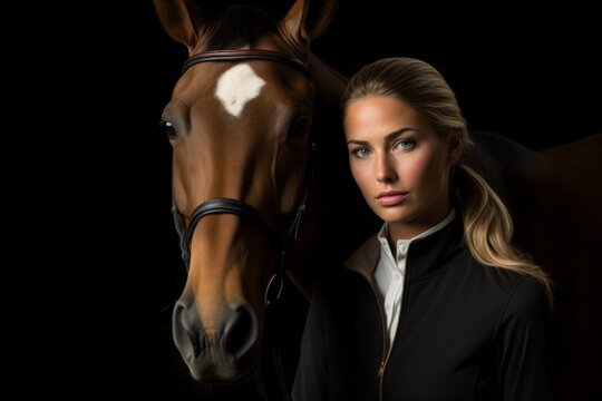 tired girl in her 30s horse riding in a riding school