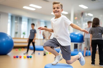 focused boy in his 30s doing physical rehabilitation exercises in a rehabilitation center