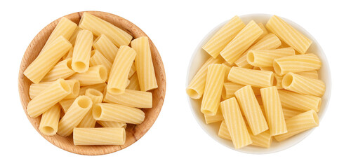 raw italian tortiglioni pasta in wooden bowl isolated on white background with full depth of field. Top view. Flat lay