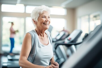 Obraz premium energetic mature woman doing physical rehabilitation exercises in a rehabilitation center