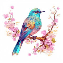 Obraz premium Cute fantasy bird sitting on tree branch with pink blossom in spring time. Magic bird with blue, yellow, red, orange, purple feathers on white background