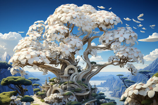 A Macadamia tree covered in creamy flowers, a precursor to the popular edible nuts.