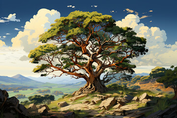 A towering Sandalwood tree prized for its aromatic heartwood used in perfumes and incense. - obrazy, fototapety, plakaty