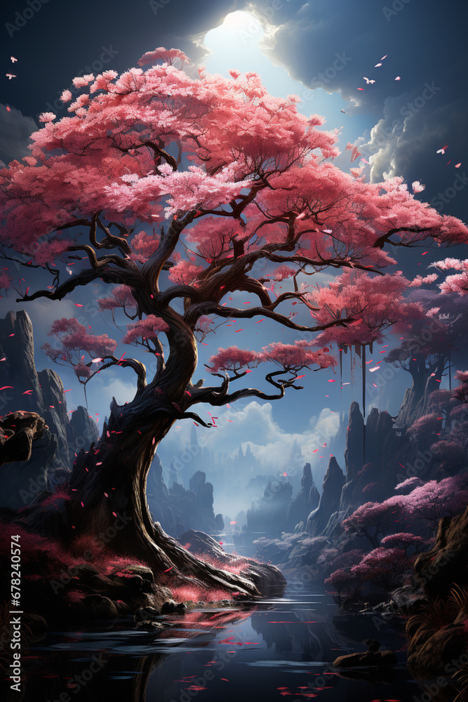 Poster a towering dipterocarp tree in bloom, its canopy covered in delicate, fragrant flowers attracting a 