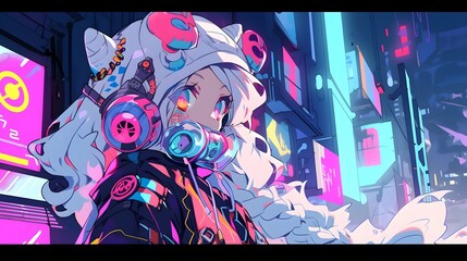 Synthwave anime manga girl, lofi bacground wallpaper design