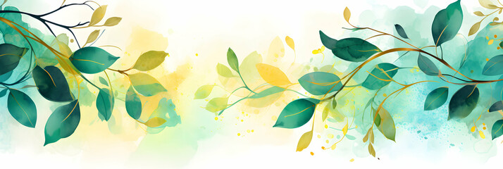 Watercolor abstract background with green leaves, copy space, design header, banner, web, wallpaper, seasonal spring summer backdrop. Generative AI