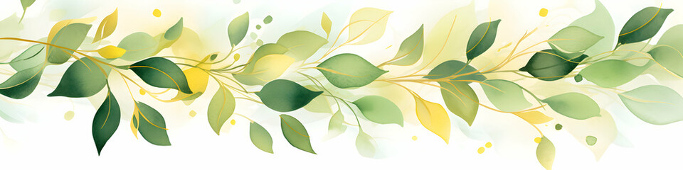 Fototapeta na wymiar Watercolor abstract background with green leaves, copy space, design header, banner, web, wallpaper, seasonal spring summer backdrop. Generative AI