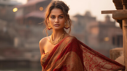 Indian fashion model in a sari on Benaras ghats and posing for camera