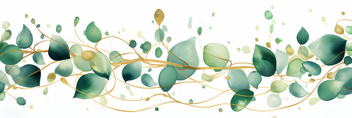 Watercolor abstract background with green leaves, copy space, design header, banner, web, wallpaper, seasonal spring summer backdrop. Generative AI