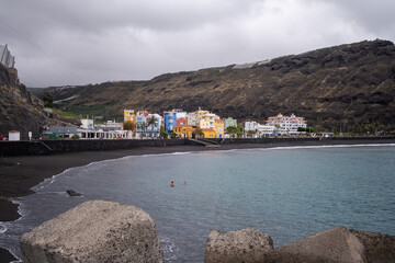 View of Playa Puerto de Tazacorte  or Tazacorte beach with black sand in La Palma island , Canary islands, Spain