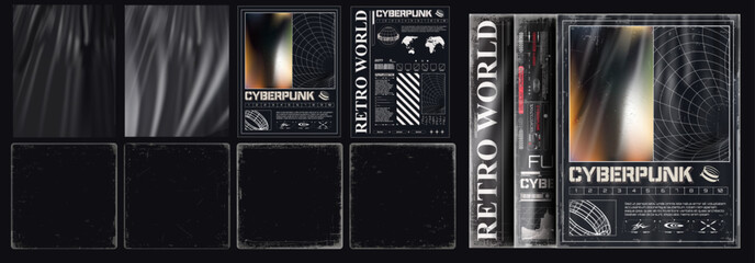 A set of cyberpunk-themed graphic design elements with a retro-futuristic aesthetic, including old vintage vinyl album paper cover overlay frame. Stamps distress grain. Vector collection - obrazy, fototapety, plakaty