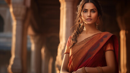 Indian fashion model in a sari on Benaras ghats and posing for camera
