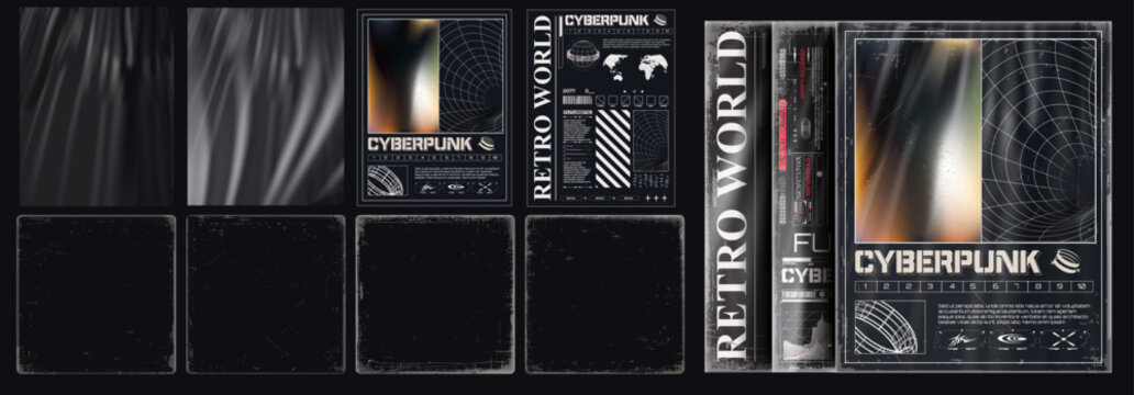 A set of cyberpunk-themed graphic design elements with a retro-futuristic aesthetic, including old vintage vinyl album paper cover overlay frame. Stamps distress grain. Vector collection