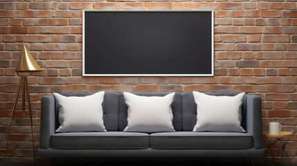 Frame mockup in modern loft living room interior background, 3D render, classic style sofa, brick walls