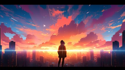 Fototapeta premium Synthwave anime manga girl, lofi bacground wallpaper design