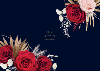 Elegant navy blue & red floral bouquet frame, border rose flowers, pampas grass, dry palm leaves. Stylish watercolor style vector illustration. Wedding invite, greeting, party classy editable template