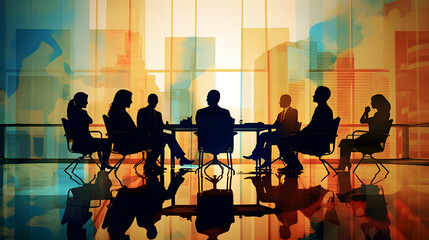 Business meeting with skyscrapers visible behind the glass. Silhouettes of people sitting at a meeting or conference. Colorful abstract illustration. Brochure layout template. Generative AI.