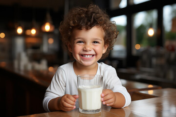 happy child drinking glass of milk in the kitchen - obrazy, fototapety, plakaty