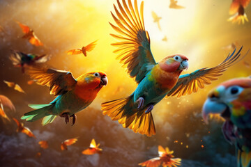 Drawing birds in nature background. Animal and freedom concept.