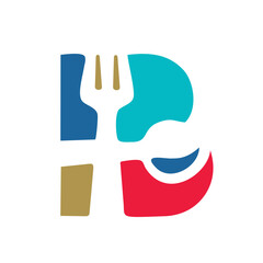 Modern day letter logo form in bold and simplistic style combines capital letter B with spoon and fork.