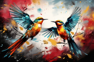 Drawing birds in nature background. Animal and freedom concept.