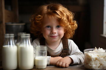 happy child drinking glass of milk in the kitchen