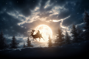 silhouette of santa clause back lit by a full moon - riding a reindeer 