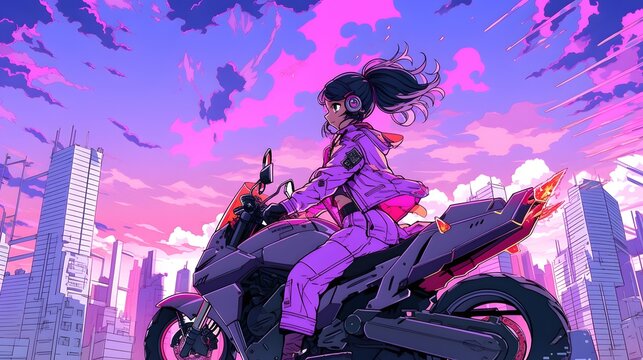 Synthwave anime manga girl, lofi bacground wallpaper design