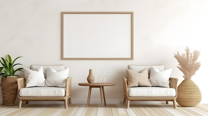 Frame mockup in modern interior room, living room gallery wall mockup, poster mockup, 3d render, cozy armchairs with plaid