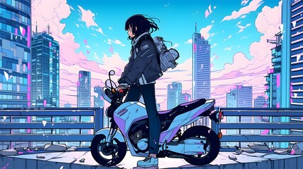 Synthwave anime manga girl riding a bike, lofi bacground wallpaper design, motorcycle, driving, sunset, neon colors, poster, 