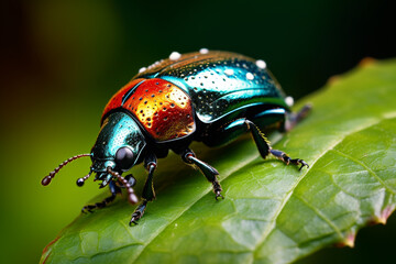 Naklejka premium A Leaf Beetle munching on a leaf, its small size and vibrant colors adding a burst of life to the vegetation.