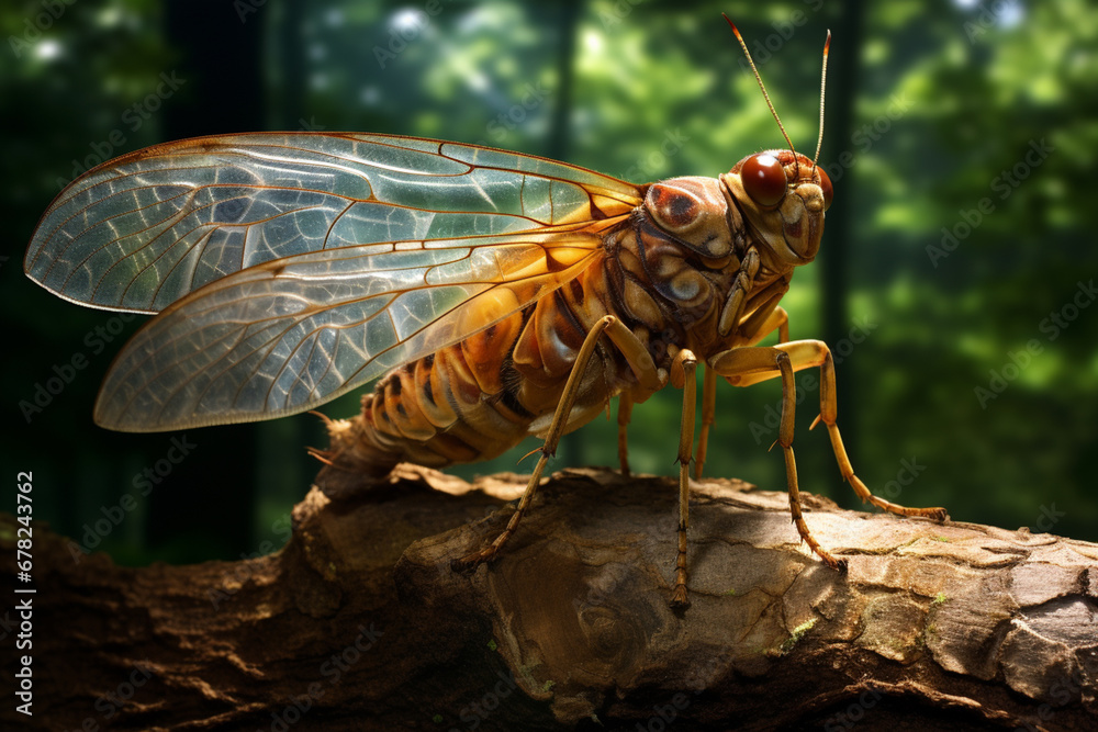 Fototapete a magnificent cicada clinging to a tree trunk, its transparent wings adorned with intricate patterns