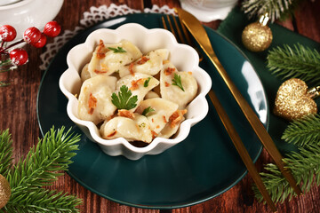 Traditional Christmas Eve dumplings filled with mushrooms and sauerkraut