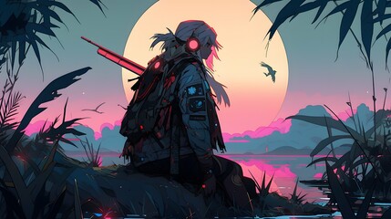 Synthwave anime manga girl, lofi bacground wallpaper design