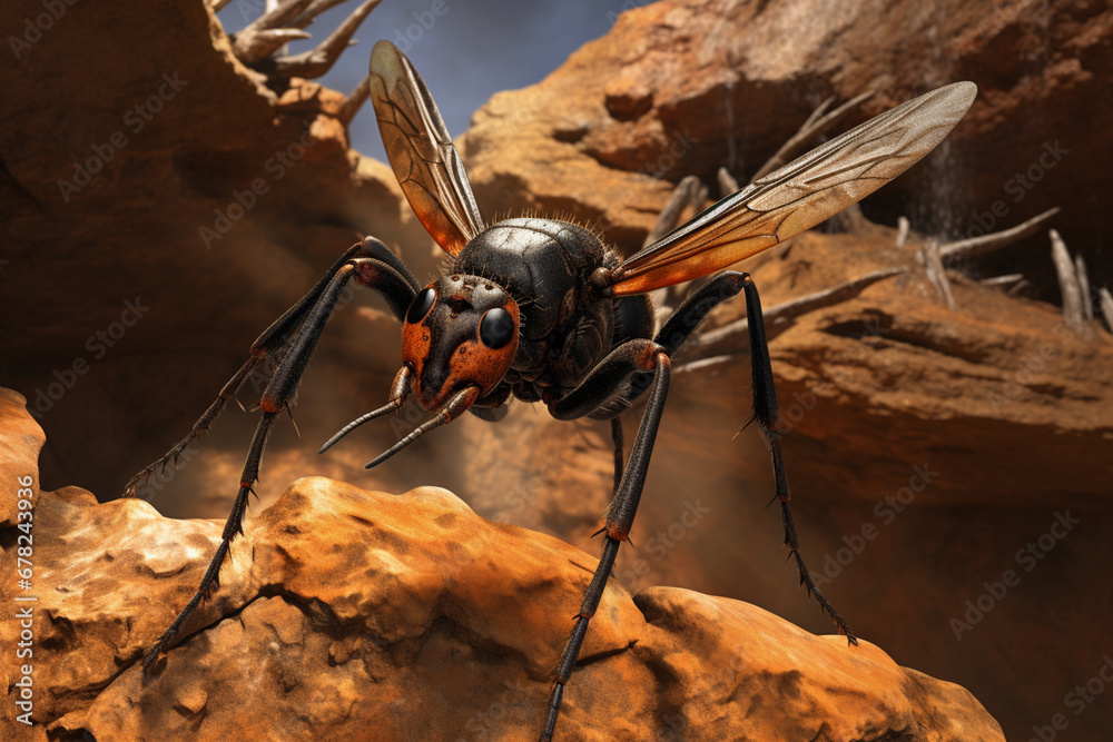 Poster A Tarantula Hawk Wasp approaching a tarantula burrow, ready to lay its egg on the paralyzed spider.
