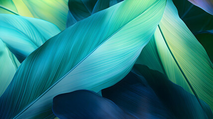 Tropical leaves banner, macro nature, background texture pattern, abstract translucent layered wallpaper, generative ai