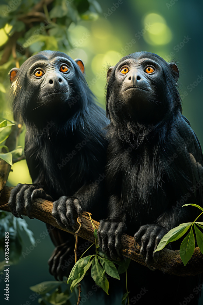 Fototapete a pair of howler monkeys perched on a high branch, their loud calls echoing through the rainforest a