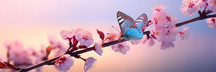 Beautiful butterfly in flight and branch of flowering apricot cherry tree in spring on light blue and violet background macro. Elegant artistic image nature. Banner format, copy space. Generative AI. - obrazy, fototapety, plakaty